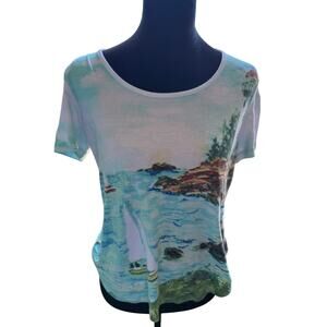 Vintage Rebecca Malone Elite Scenic Lighthouse Coastal Print Beaded Top